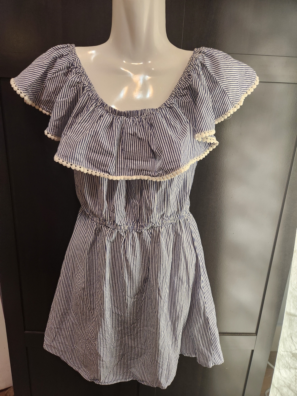 Striped Navy and White Off-Shoulder Romper with Pom Trim